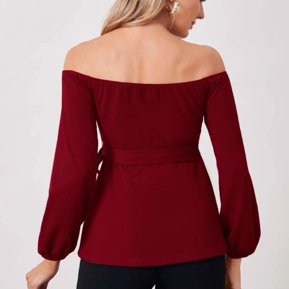 Maternity V Off Shoulder Belted long sleeve Top red burgundy maroon - Picture 3 of 8